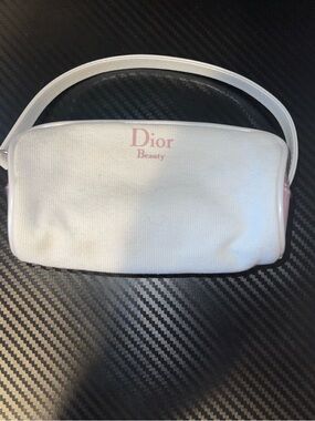 Dior White Canvas Cosmetic Wristlet with Pink Logo